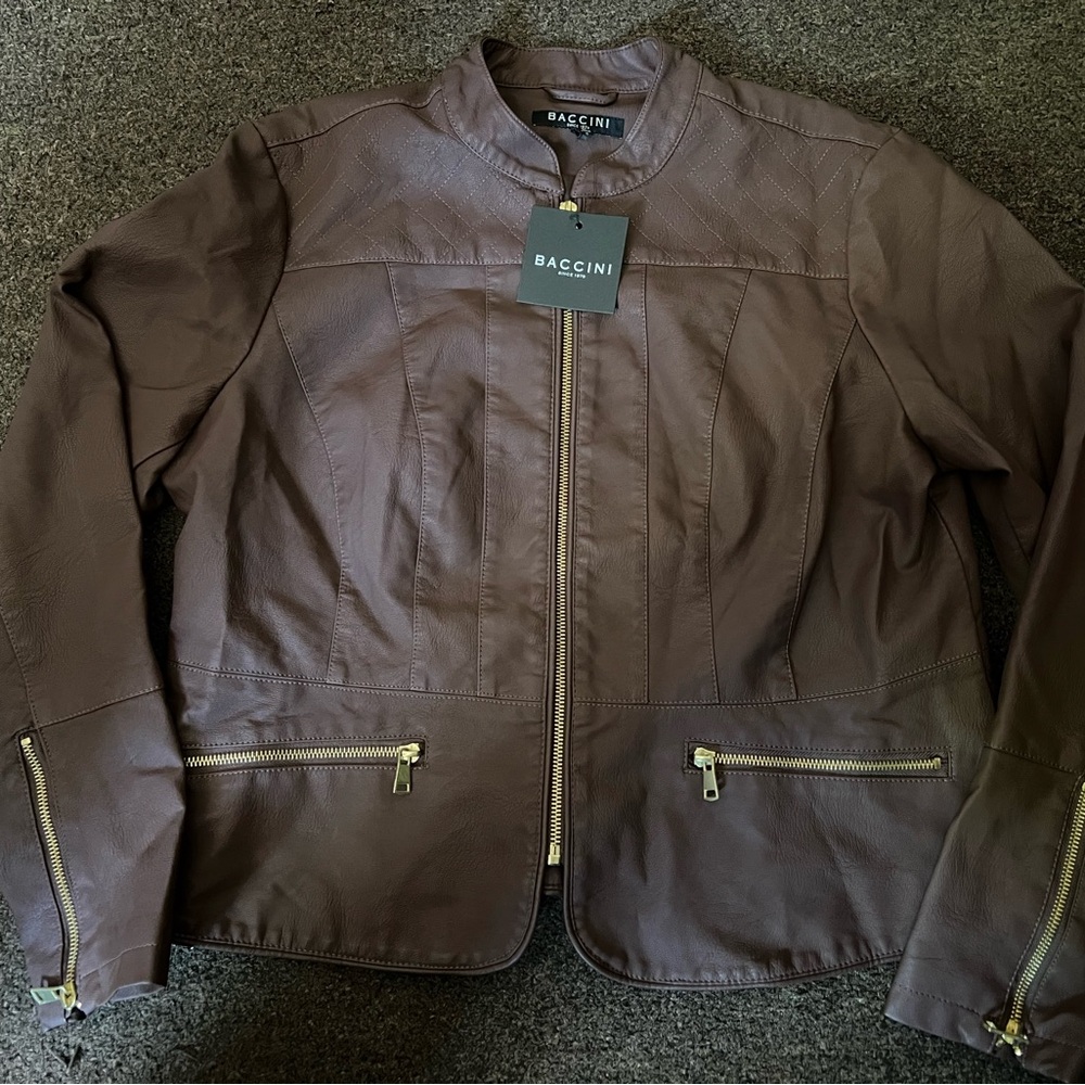 Baccini Chocolate Leather Jacket with Gold Accents